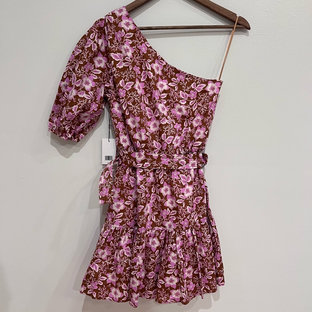 NWT Jason Wu One-shoulder A-line Floral Puff-sleeve Mini Dress, Pink/Brown, S - Picture 9 of 13